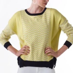 🦩🍕🪻🎀Margaret O’Leary sweater yellow navy blue scoop neck 100% cotton chevron